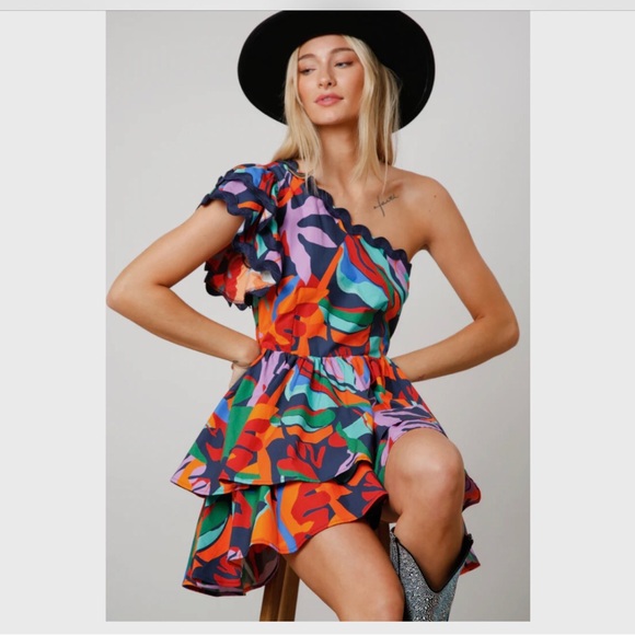 PEACE LOVE CALIFORNIA ADDIE ABSTRACT ONE SHOULDER TIERED MULTICOLOR MINI DRESS - Picture 16 of 16